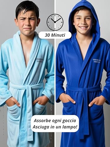 o-day Kinder-Bademantel aus Mikrofaser, leicht und praktisch, mit Kapuze, Taschen und Gürtel, 4-14 Jahre, himmelblau, 13-14 Jahre