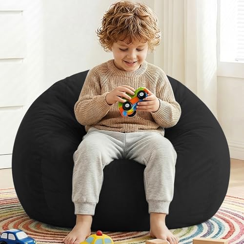 Image of Stuffed Animal Storage Bean Bag Chair Cover for Kids (No Filler), Soft Comfy Velvet Beanbag Chair Cover Machine Washable, Kids Bean Bag Chair with Handle for Living Room Bedroom Dorm, Black