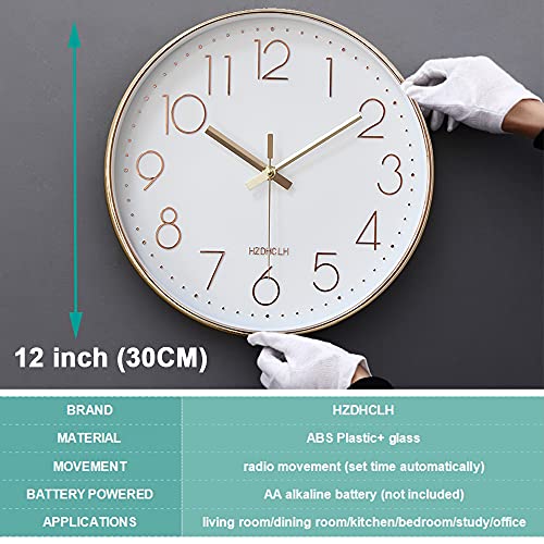 Image of HZDHCLH Atomic Analog Wall Clock,12 inch Battery Operated Mordern Round Clock,Automatically Set and Easy to Read,Decorate Living Room Kitchen Bedroom Office Classroom (White-Rosegold)