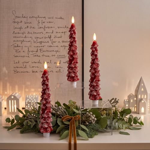 Image of Funtery 12 Pcs Flameless Christmas Tree LED Candles, Red, Snowfall | 9.7 Inch LED Taper Christmas Candles Battery Operated,Flameless Flickering, for Xams Holiday Party Room House Home Decor