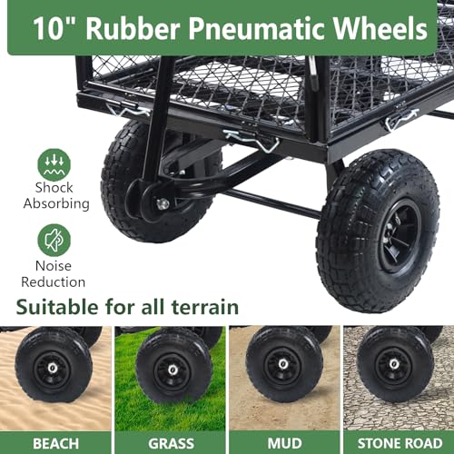 GOAWGO Garden Cart Heavy Duty 600 lbs Capacity Metal Mesh Wagon with Removable Sides Outdoor Utility Wagon with 10\" Rubber Pneumatic Wheels,Adjustable Handle Angle for Lawn Yard Farm Ranch, Black - Thumbnail 4