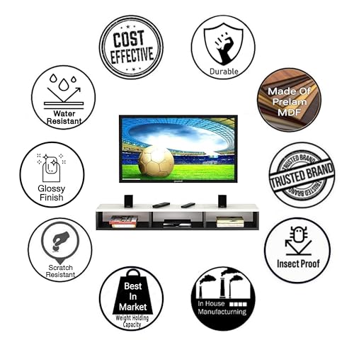 Image of Dime Store Wooden Wall Mounted Floating TV Stand /TV Entertainment Unit /TV Cabinet with Rack for Set Top Box & Decorative Objects /TV Stand for Living Room (Black and White, 32x5x8 inch)