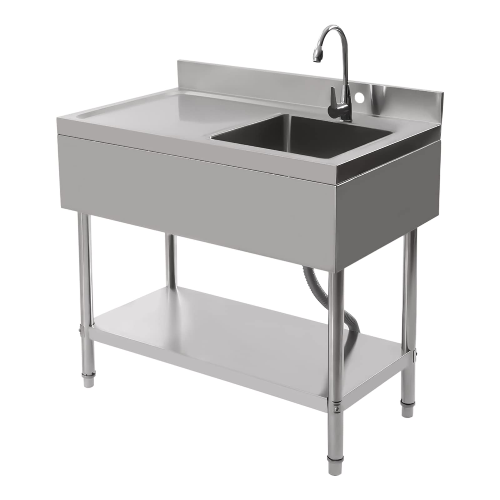 Stainless Steel Single Basin Sink 100x60x80cm Freestanding Kitchen Sink 300kg Heavy-Duty with Raised Base, Storage Rack for Home, Restaurant, or Bathroom, Washing Dishes, Vegetables