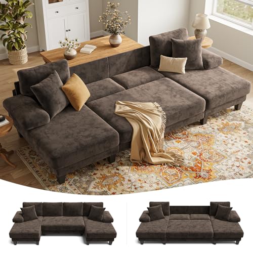 Image of Txtin's Sleeper Sofa with Pull Out Couch Bed | 112 Inch Couches for Living Room | U-Shaped Convertible Sofa Bed | Chenille Brown