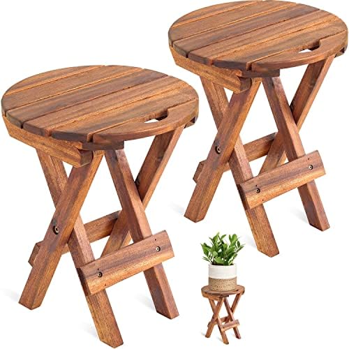 Small Patio Table (Set of 2) Acacia Wooden Small Table, Side Table, Coffee End Table, Small Round Folding Side Table, Plant Stand Mid Century Easy Assembly Modern Home Decor (Natural Color)