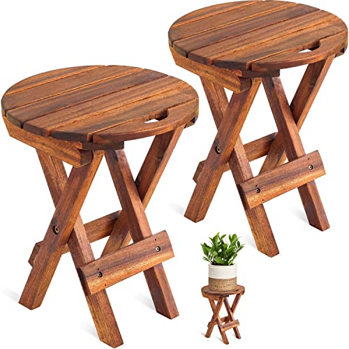 Keydola Small Patio Table, Acacia Wooden Small Table, Side Small Table, Coffee Table, Small Round Folding Table, Plant Potted Stand,Vintage Home Decoration, (Natural- Set Of 2, 11.5" D X 14" H) #TOP5