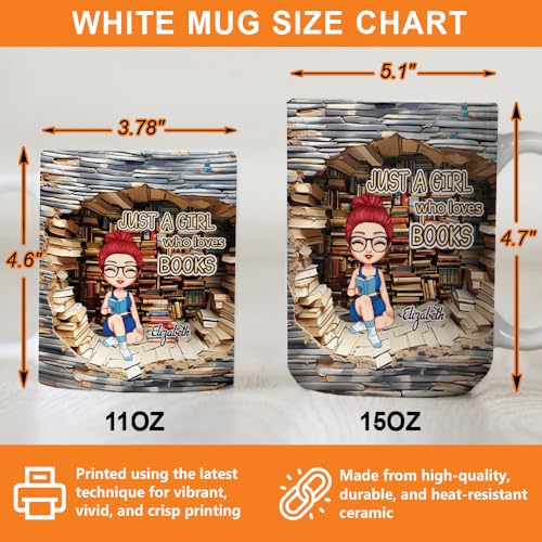 Image of Personalized Books Lover Mug, 11oz 15 oz Ceramic Coffee Cup, 2D Cracked Wall Reading Girl Design, Gift for Women Readers, Christmas