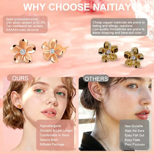 NAITIAY 925 Sterling Silver Plumeria Flower Stud Earrings for Women Cubic Zirconia Crystal Flower Stud Earrings for Women Dainty Fashion Mirror Like Sheen and Matte Finish Combination Hypoallergenic Daisy Earring Minimalist Jewelry — view 4