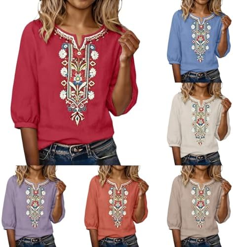 Embroidered Tops for Women 3/4 Sleeve Boho Cotton Linen Shirts Casual Plus Size V Neck Tunic Peasant Clothes 2026