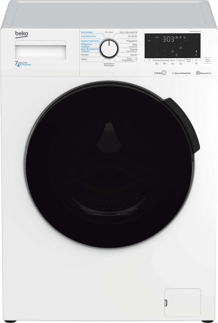 Beko WDW75141Steam1 Waschtrockner Wasserkondensation schwarze XL-Tür Bluetooth Dampffunktion 7 kg Waschen 4 kg Trocknen
