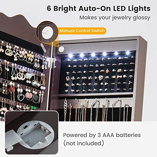 COSTWAY Mobile Jewelry Cabinet, 6 LED Lights Floor Standing Lockable Jewelry Armoire with Full Length Mirror, Drawer and Wheels, Adjustable Makeup Jewellery Organiser Storage Unit for Bedroom (Brown)