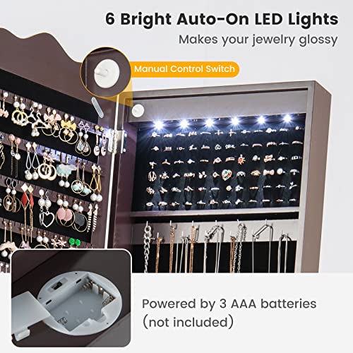 Charmaid 6 Leds Rolling Jewelry Cabinet With High Full Length Mirror, Lockable Standing Jewelry Armoire With Wheels, Bottom Drawer, Jewelry Organizer Box With Storage Shelves (Brown) #TOP2