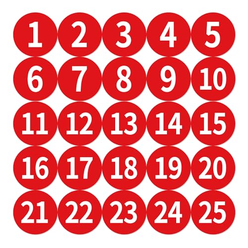 1-25 Circle Numbered Vinyl Stickers,Anti-Fading Waterproof 1.2 in Self Adhesive Die Cut Consecutive Number Vinyl Decal,Production and Fitness Equipment Flexible Small 1-10 Number Stickers(Red)