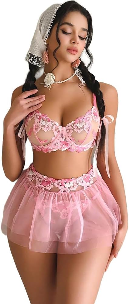 Pink Floral Lace Bralette & Tulle Skirt Set Romantic Lingerie for Women Cute Nightwear Underwear