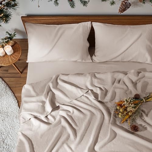 Image of 100% Pure Linen Sheet Set for Hot Sleepers, Breathable Natural Linen Sheets 4pcs, Bedding Set Deep Pocket Up to 16 inch Moisture-Wicking, Softens with Every Wash (LStone Beige King)