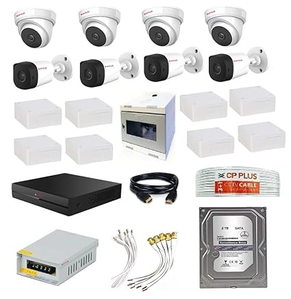 CP Plus 2.4mp IR Camera Support Built-in Mic (Audio Recording Bala Camera) (8Ch DVR, 4 Outdoor Bullet & 4 Indoor Dome Camera, 2TB HDD, Power Supply, 90Mtr Cable, Bnc, Dc, HDMI, PVC Box & Dvr Rack)