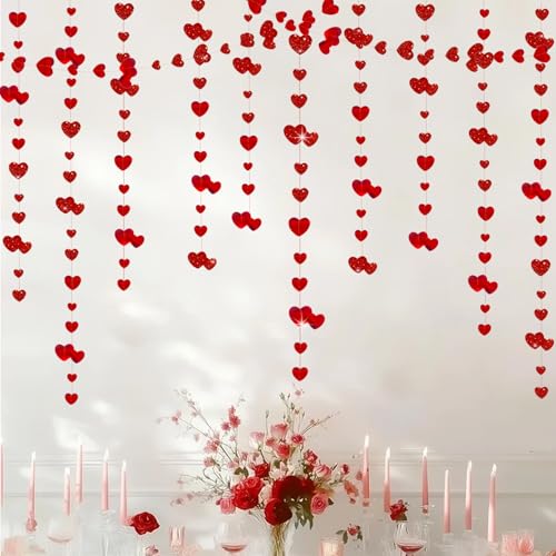 Image of Valentines Day Party Decoration Red Heart Garland 39Ft Glitter Hanging Heart Streamer Love Banner for Anniversary Engagement Wedding Galentines Birthday Bachelorette Mother's Day Party Supplies