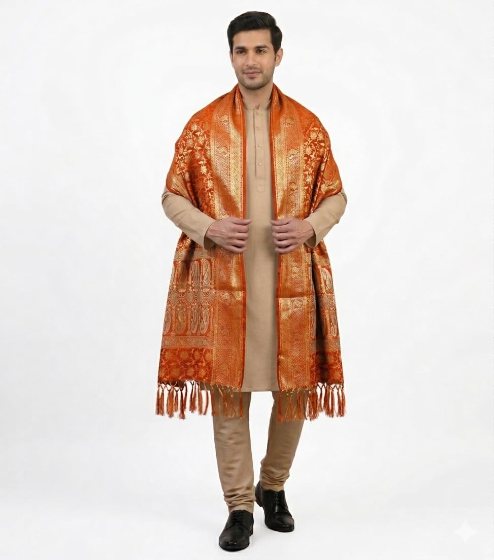 Men's Silk Dupatta with Zari Work Traditional Indian Wedding Shawl, South Indian Style with Fringe-image-33