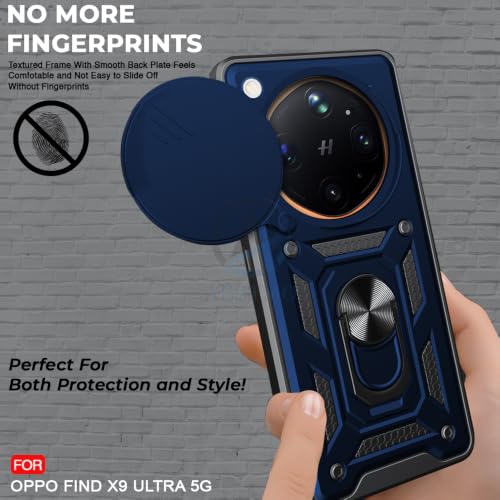 Image of AESTMO Tough Armor Oppo Find X9 Ultra 5G Bumper Back Case Cover | Ring Holder & Sliding Camera Shield Cover | 360 Degree Protection Back Case Cover for Oppo Find X9 Ultra 5G (Blue)
