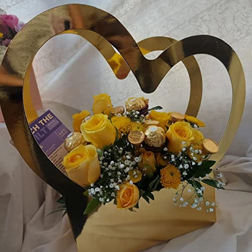 Image of Oasis Pack of 10 Flower Bouquet Gift Bags with Handles | Valentine's Day Gifting Bags for Her & Him | Goodie Bags for Wedding Return Gifts, Birthday, Bridal & Baby Shower | 40x20x7.5 cm | Heart Gold
