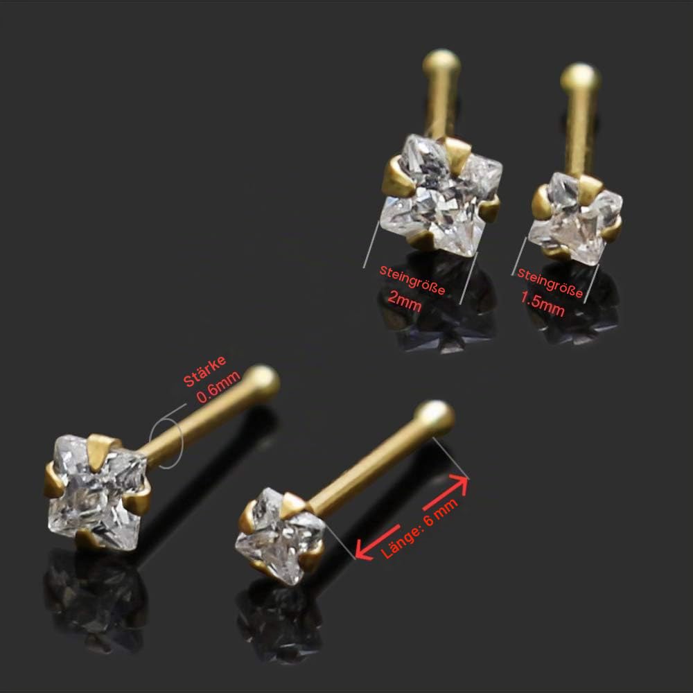 Monster Piercing - 14K Gold Echtgold | Goldenes Nasenpiercing Nasenstecker Stud | Kristallstein | Stabstärke: 22G (0,6 mm) | Stablänge: 6mm | Steingröße: 1,5mm oder 2mm | Hypoallergen
