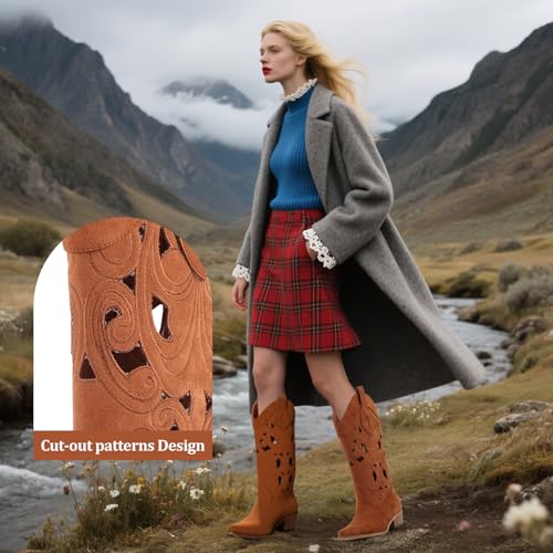 LingxiaUne Women’s Brown Western Cowboy Boots – Exquisite Cutout Design Mid Heel Suede Boots for Stylish Versatility2