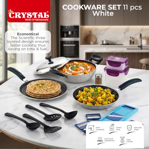 Image of Crystal 11 Pcs Non Stick Cookware Set with Storage Containers | Gas Stove Friendly | Tawa, Fry Pan, Kadhai with Lid, 4 Serving Spoons, 2 Containers & Grater Set | PFOA Free Coating