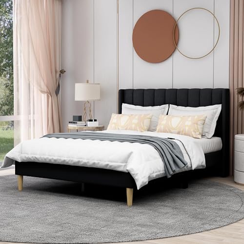 Image of AGARTT Upholstered Platform Bed Frame Full Size, Black Linen