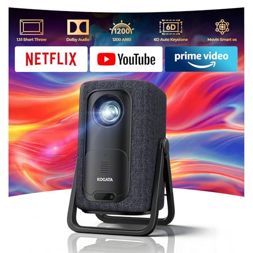 Short Throw Projector 4K Compatible with Netflix,1200ANSI Ceiling Projector Portable for Bedroom/Outdoor Auto focus 6D Keystone Dolby Smart Home Projector with WiFi and Bluetooth 200''