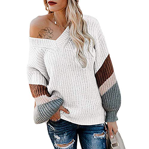 Exlura V Neck Long Lantern Sleeve Sweater Color Block Chunky Pullover Oversized Jumper Off White