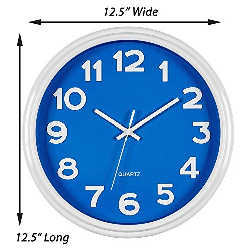 Bernhard Products Blue Wall Clock 12.5 Inch Silent Non-Ticking Modern Stylish Quartz Clocks for Home Kitchen Office Bedroom Boy's Room Nursery Kids School Classroom Battery Operated Easy to Read