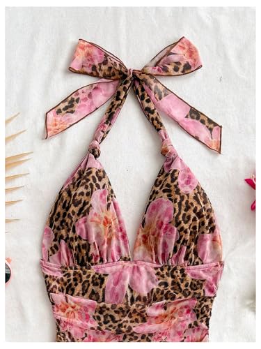 Image of SOLY HUX Women's Y2K Summer Beach Halter Mini Dress | Retro Floral Dress, V Neck, Backless, Club Nightout, Sexy Going Out Clothes, Birthday Dress