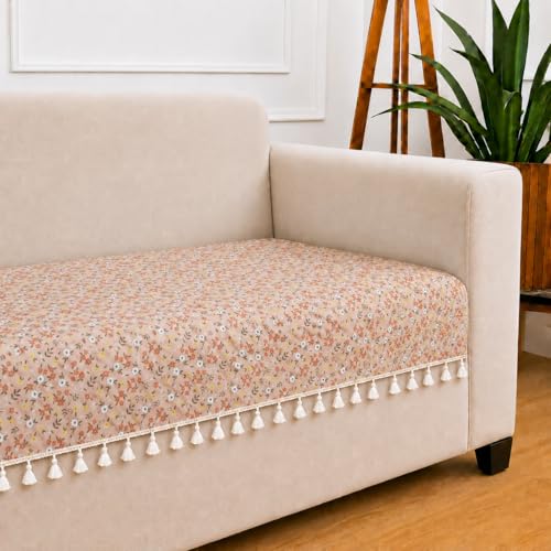 Image of STITCHNEST 'Frostvine Collection' 2 Seater Sofa Cover| Cotton Quilted Fabric, Decorative Tassels, Washable & Durable for Modern Living