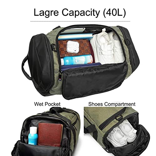 Gym Bag Backpack Waterproof Duffle Bags Travel Weekender Duffel Bag for Men Women Overnight Bag with Shoes Compartment Green