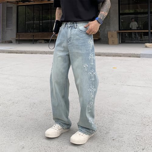 Baggy Jeans Men Washed Cross Rhinestone Wide Leg Denim Pants Y2k Casual Streetwear for Skater Jeans3