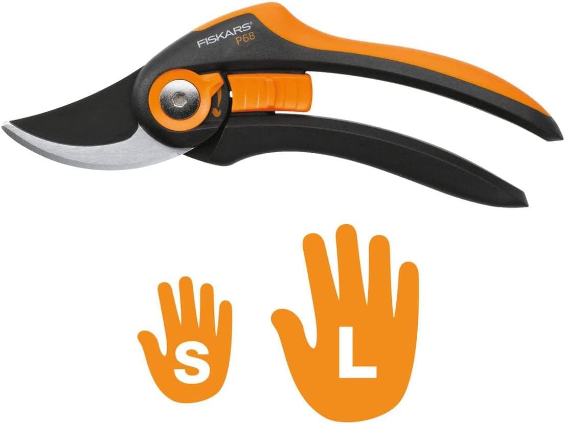 Fiskars SmartFit Pruner Bypass P68, Cutting Diameter Adjustable Up to 5/8" Cut, Steel Blades with Non-stick Coating/Fiberglass Reinforced Plastic Handles, Length:8 inches, Black/Orange, 391171-4001