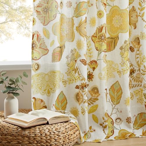 Image of XiDi Vintage Floral Curtains 63 inch Length 2 Panels Set for Living Room Back Tab Warm Farmhouse Bedroom Curtains Cottage Pretty Flower Patterned Linen Drapes Yellow Floral Pattern 52x63