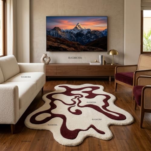 Image of Hand Tufted Wool Rug 5x7 Ft - Modern Irregular Shape Aesthetic Carpet, 1 Inch Thick Pile, Anti-Skid Backing, Soft Handmade Woolen Area Rug for Living Room, Bedroom, Hall Decor