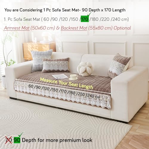 Image of HOKIPO 'BelleLace Series' Imperial Milk Velvet Sofa Cover Mat with Lace Design| Make Your Own Sofa Cover Set, Mat Length 90(D) x 170(L) cm, Cloud Grey (AR-5966-LGRY)