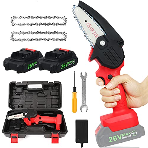 Mini Chainsaw With 2Pack Batteries, KOAKOMI 4-Inch Cordless Brushless Power Chain Saws, 26V Portable Electric Chainsaw Household Small Saw for Wood Cutting, Tree Pruning,Gardening (Red)