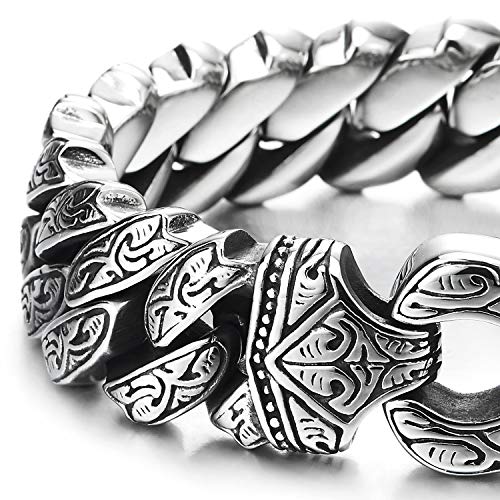 COOLSTEELANDBEYOND Mens Steel Vintage Fancy Curb Chain Bracelet with Tribal Tattoo Pattern, Retro Style, Masculine3