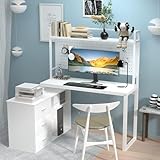 PAKASEPT Home Office Computer Desk L Shaped Desk, Reversible Corner Desk with Drawers & Shelves & Pegboard, White Desk Study Writing Table for Home Office