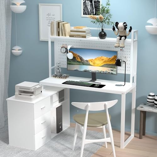 PAKASEPT Home Office Computer Desk L Shaped Desk, Reversible Corner Desk with Drawers & Shelves & Pegboard, White Desk Study Writing Table for Home Office