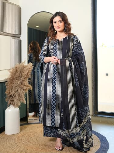 Image of Arayna Women's Pure Cotton Hand Block Printed Style Ethnic Kurta Set with Dupatta | Black & Indigo