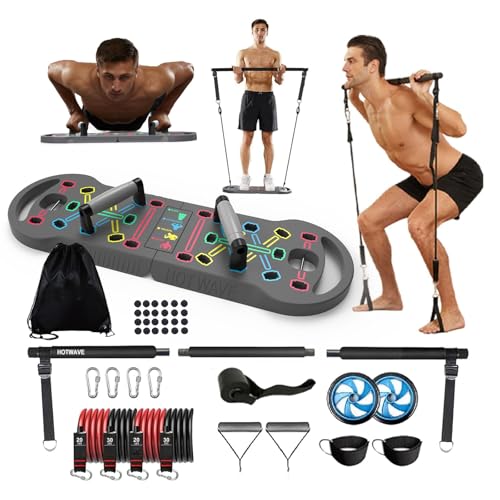 HOTWAVE Portable Exercise Equipment with 16 Gym Accessories.20 in 1 Push Up Board Fitness,Resistance Bands with Ab Roller Wheel,Full Body Workout at Home