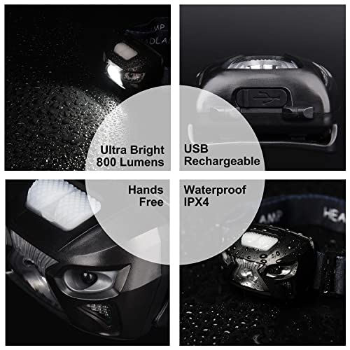APUNOL Lampe Frontale LED Rechargeable USB Torche Frontale Puissante avec 800LM, 8 Modes d’Eclairage, IPX4 Étanche, Détecteur de Mouvement pour Pêche, Camping, Randonnée, Cyclisme, Lecture – Image 3