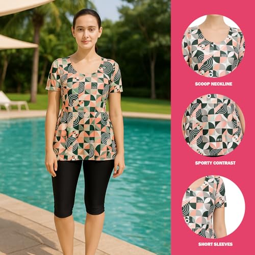 Image of Hacer Frock Style Swimwear with Ethnic Printed Padde Half Sleeve Bodysuit Swimming Costume Knee Length Two Piece Swimsuit for Pool Beach Women (XL, 38, Orange-Green-Black)