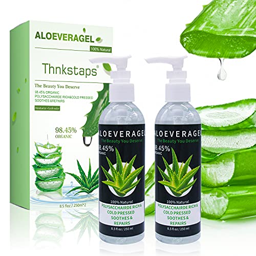 Thnkstaps Naturel Gel Aloe Vera BIO Crème naturelle d'aloe vera pour Hydratant pour Visage Corps Cheveux, Soins pour les Coups de Soleil,Réparer les Cicatrices Gel Hydratant 2X250 ML Cover