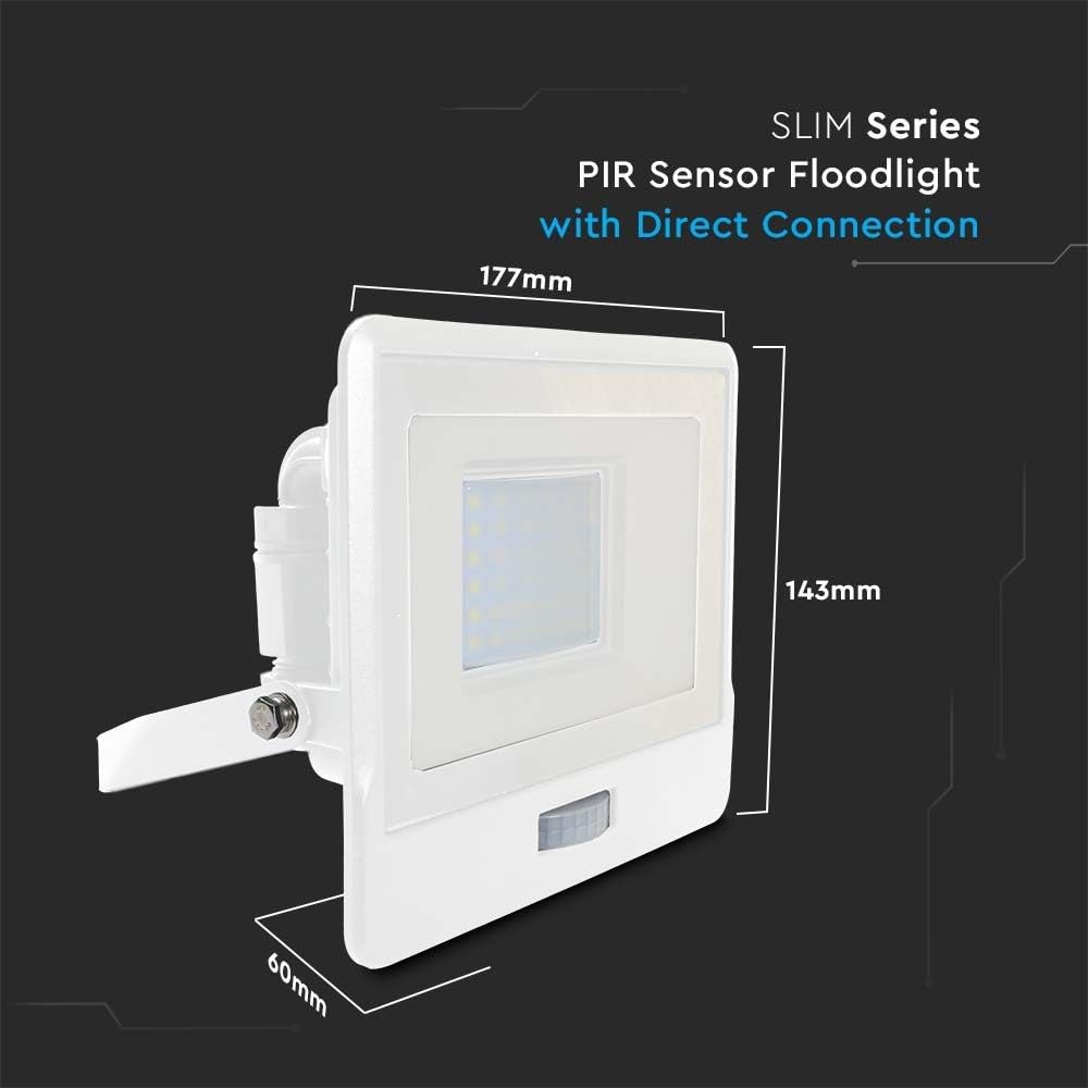 V-TAC Faro LED da Esterno con Chip Samsung 30W con Sensore PIR di Colore Bianco Impermeabile, Luce Bianco Freddo