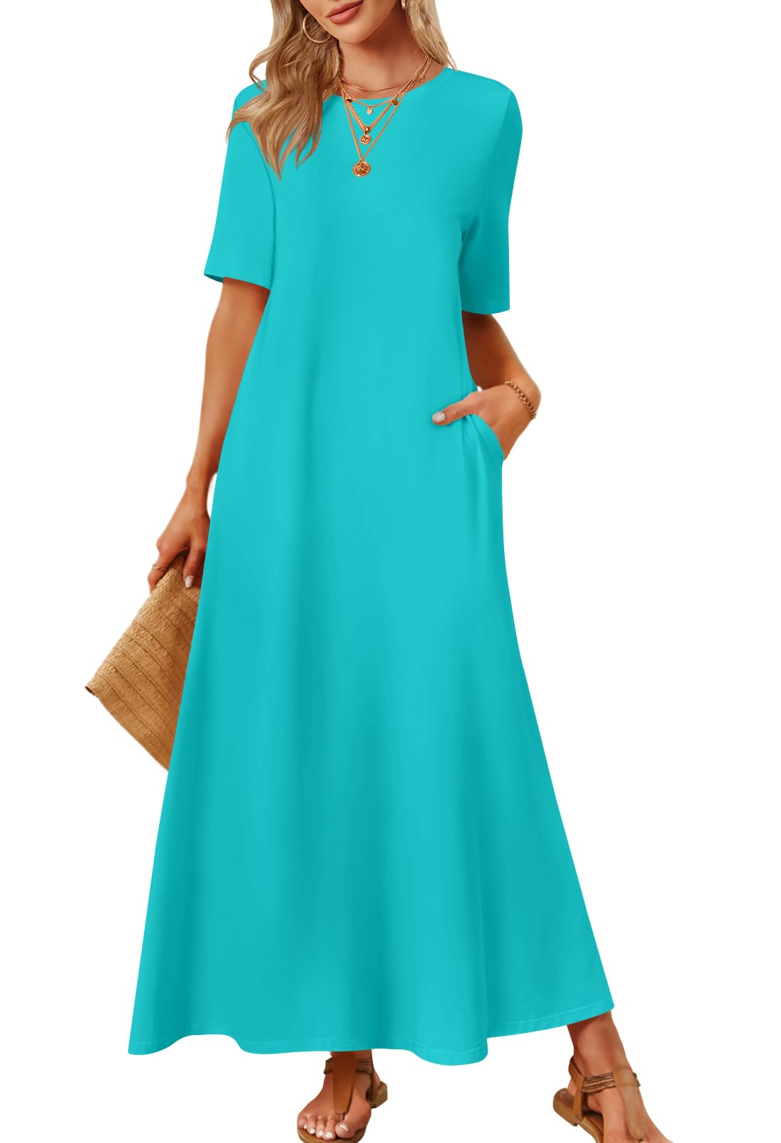 MEROKEETY Summer Spring Maxi Dresses for Women 2026 Beach Vacation Casual Short Sleeve Long T Shirt Dress with Pockets